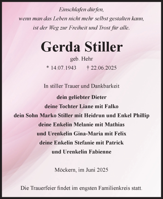 Traueranzeige von Gerda Stiller von Volksstimme Burg/Genthin
