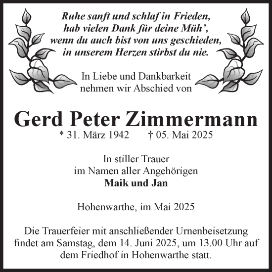 Traueranzeige von Gerd Peter Zimmermann von Volksstimme Burg/Genthin