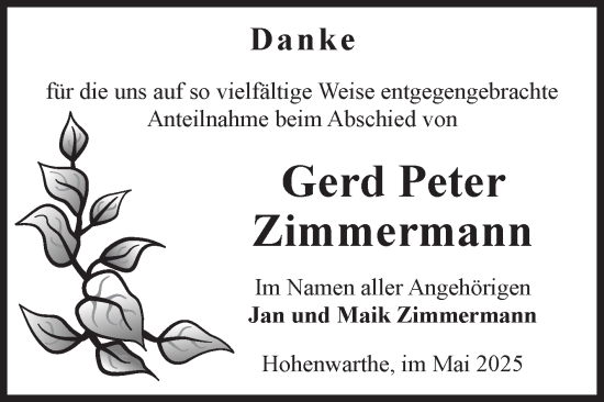 Traueranzeige von Gerd Peter Zimmermann von Volksstimme Burg/Genthin
