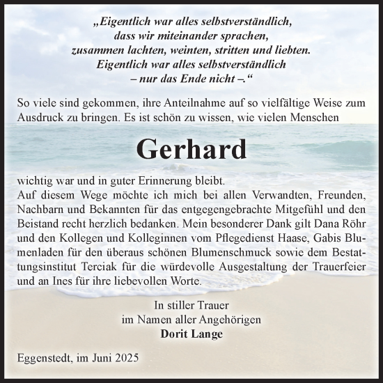 Traueranzeige von Gerhard  von Volksstimme Oschersleben/Wanzleben