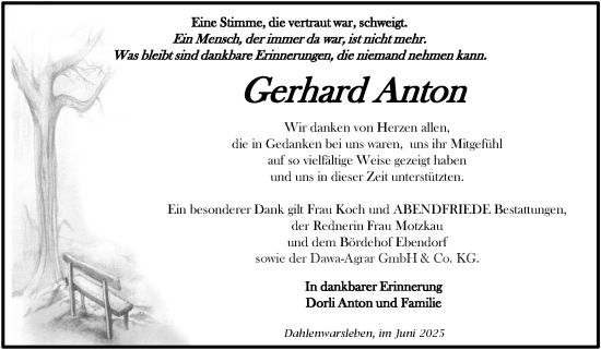 Traueranzeige von Gerhard Anton von Volksstimme Haldensleben/Wolmirstedt