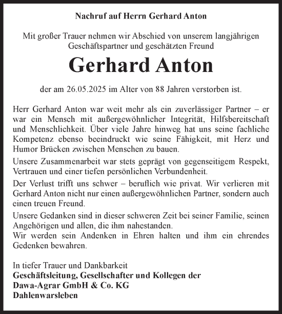 Traueranzeige von Gerhard Anton von Volksstimme Haldensleben/Wolmirstedt