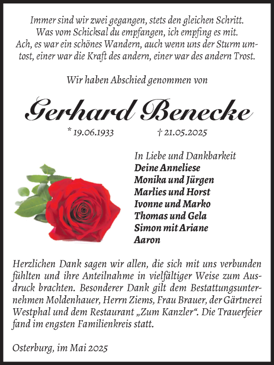 Traueranzeige von Gerhard Benecke von Volksstimme Altmark Ost