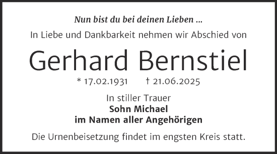 Traueranzeige von Gerhard Bernstiel von Trauerkombi Bernburg
