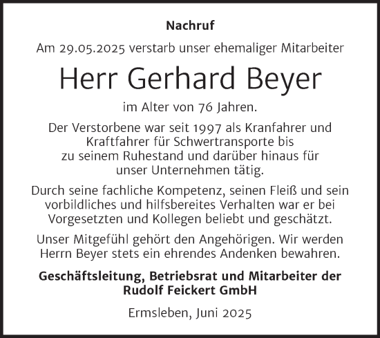 Traueranzeige von Gerhard Beyer von Super Sonntag Mansfelder Land
