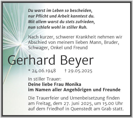 Traueranzeige von Gerhard Beyer von Super Sonntag Mansfelder Land