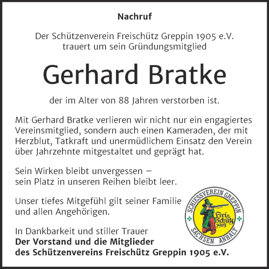 Traueranzeige von Gerhard Bratke von Trauerkombi Bitterfeld