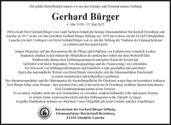 Traueranzeige von Gerhard Bürger von Volksstimme Halberstadt