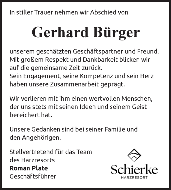 Traueranzeige von Gerhard Bürger von Volksstimme Wernigerode