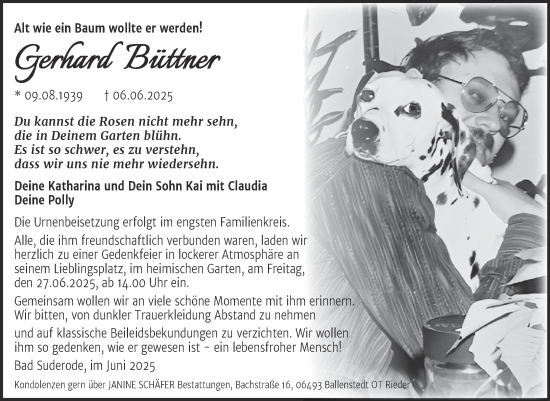 Traueranzeige von Gerhard Büttner von Trauerkombi Quedlinburg