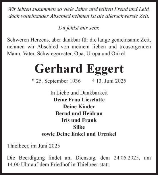 Traueranzeige von Gerhard Eggert von Volksstimme Altmark Ost
