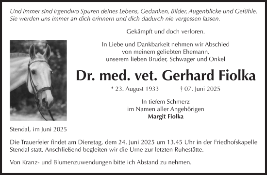 Traueranzeige von Gerhard Fiolka von Volksstimme Altmark Ost