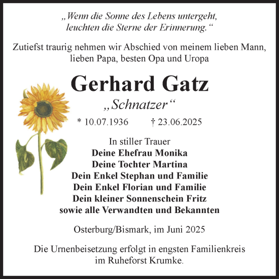 Traueranzeige von Gerhard Gatz von Volksstimme Altmark Ost