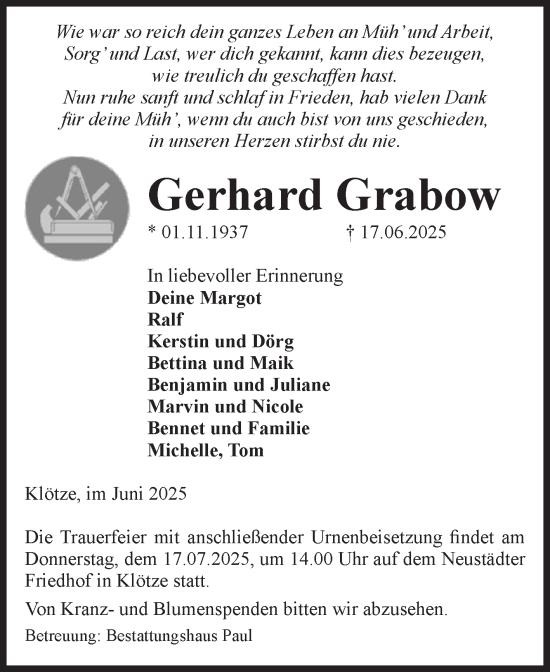 Traueranzeige von Gerhard Grabow von Volksstimme Altmark West