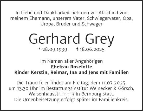 Traueranzeige von Gerhard Grey von Trauerkombi Bernburg