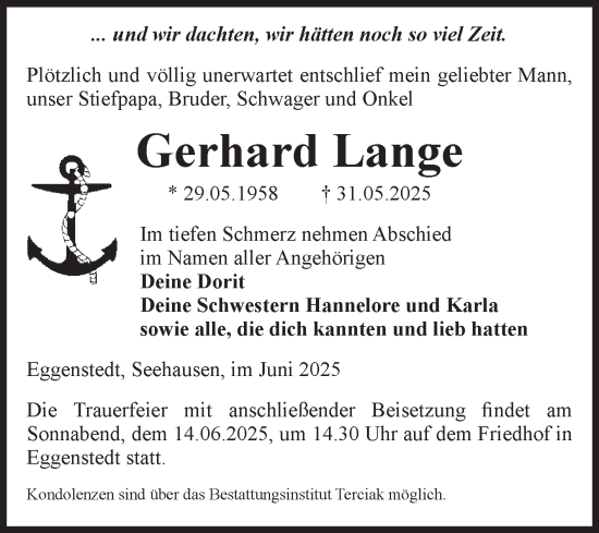 Traueranzeige von Gerhard Lange von Volksstimme Oschersleben/Wanzleben