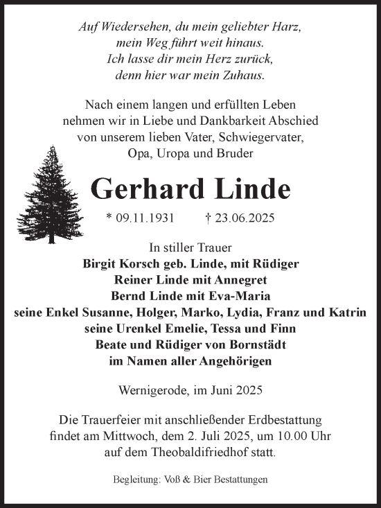 Traueranzeige von Gerhard Linde von Volksstimme Wernigerode