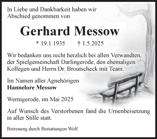 Traueranzeige von Gerhard Messow von Volksstimme Wernigerode