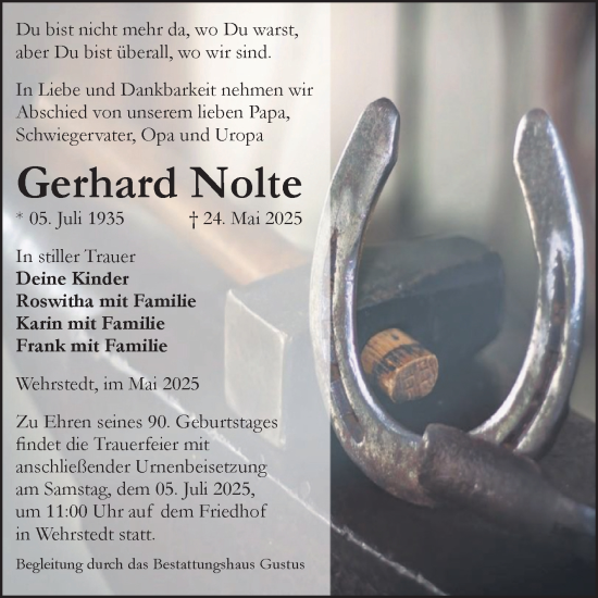 Traueranzeige von Gerhard Nolte von Volksstimme Halberstadt