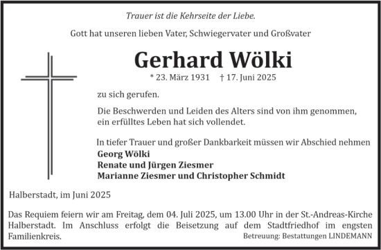 Traueranzeige von Gerhard Wölki von Volksstimme Halberstadt