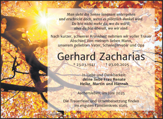 Traueranzeige von Gerhard Zacharias von Trauerkombi Aschersleben