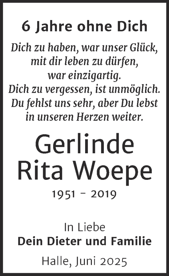 Traueranzeige von Gerlinde Rita Woepe von Mitteldeutsche Zeitung Halle/Saalkreis