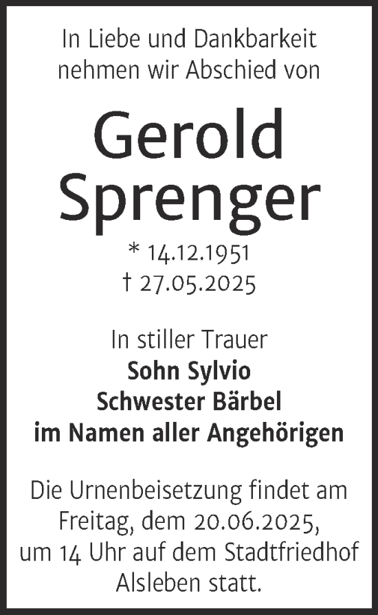 Traueranzeige von Gerold Sprenger von Trauerkombi Bernburg