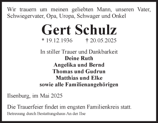 Traueranzeige von Gert Schulz von Volksstimme Wernigerode