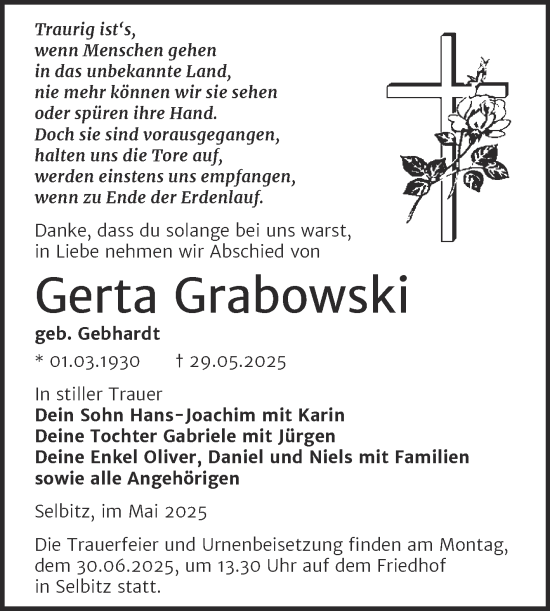 Traueranzeige von Gerta Grabowski von Trauerkombi Wittenberg