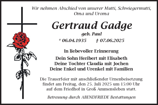 Traueranzeige von Gertraud Gadge von Volksstimme Haldensleben/Wolmirstedt