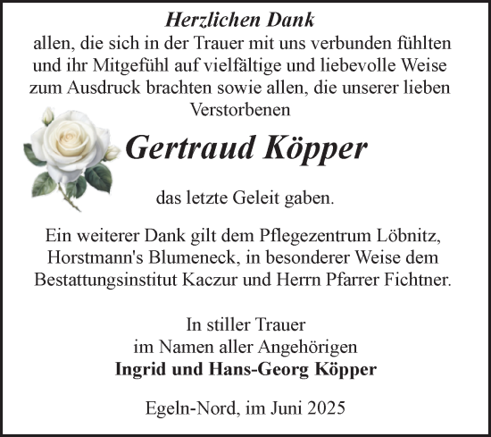 Traueranzeige von Gertraud Köpper von Volksstimme Staßfurt