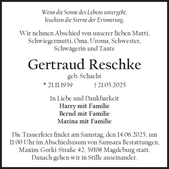 Traueranzeige von Gertraud Reschke von Volksstimme Magdeburg