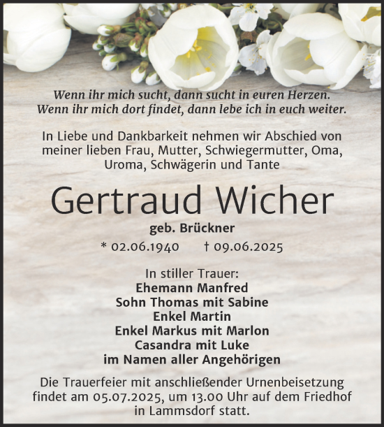 Traueranzeige von Gertraud Wicher von Trauerkombi Wittenberg