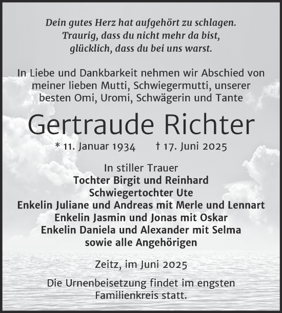 Traueranzeige von Gertraude Richter von Trauerkombi Zeitz