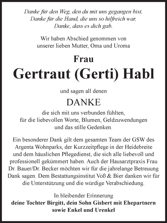 Traueranzeige von Gertraut Habl von Volksstimme Wernigerode