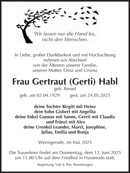 Traueranzeige von Gertraut Habl von Volksstimme Wernigerode