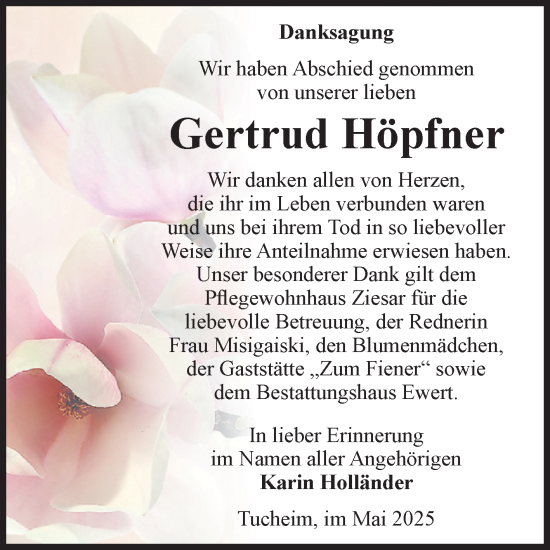 Traueranzeige von Gertrud Höpfner von Volksstimme Burg/Genthin