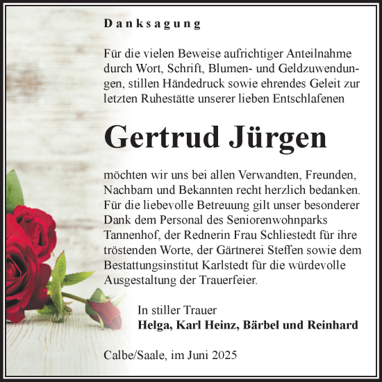 Traueranzeige von Gertrud Jürgen von Volksstimme Schönebeck