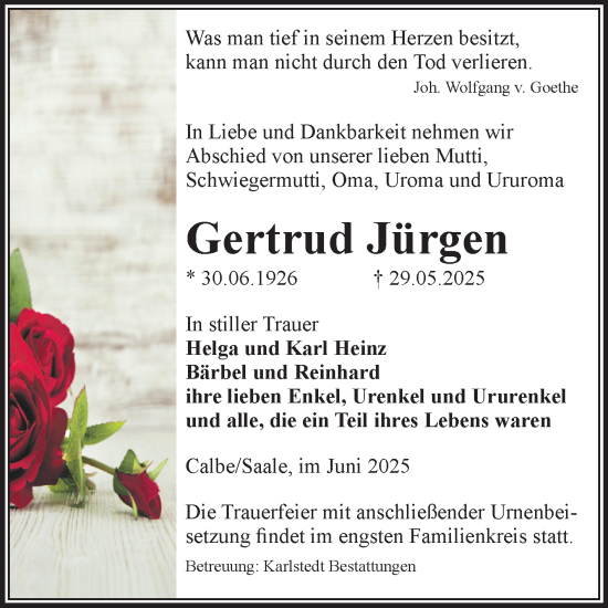 Traueranzeige von Gertrud Jürgen von Volksstimme Schönebeck