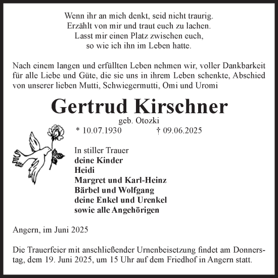 Traueranzeige von Gertrud Kirschner von Volksstimme Haldensleben/Wolmirstedt