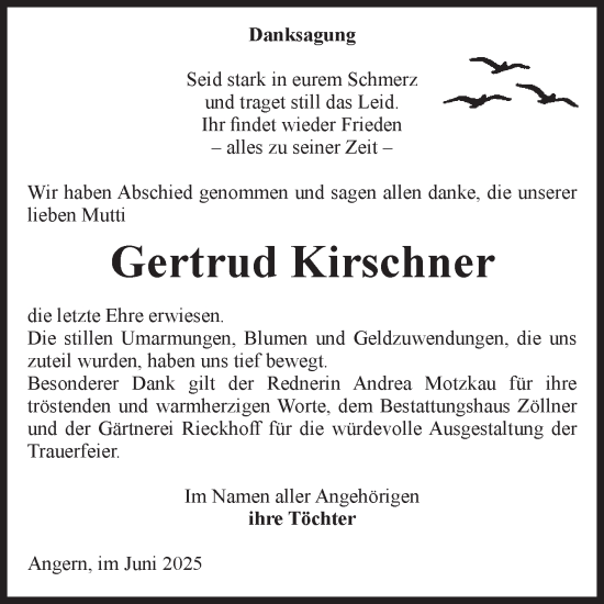 Traueranzeige von Gertrud Kirschner von Volksstimme Haldensleben/Wolmirstedt