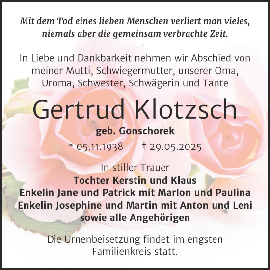Traueranzeige von Gertrud Klotzsch von Trauerkombi Bernburg