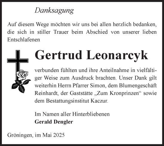 Traueranzeige von Gertrud Leonarcyk von Volksstimme Oschersleben/Wanzleben