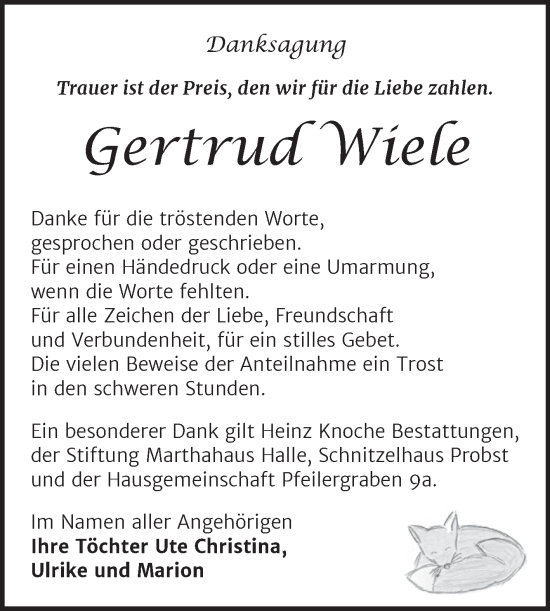Traueranzeige von Gertrud Wiele von Trauerkombi Aschersleben