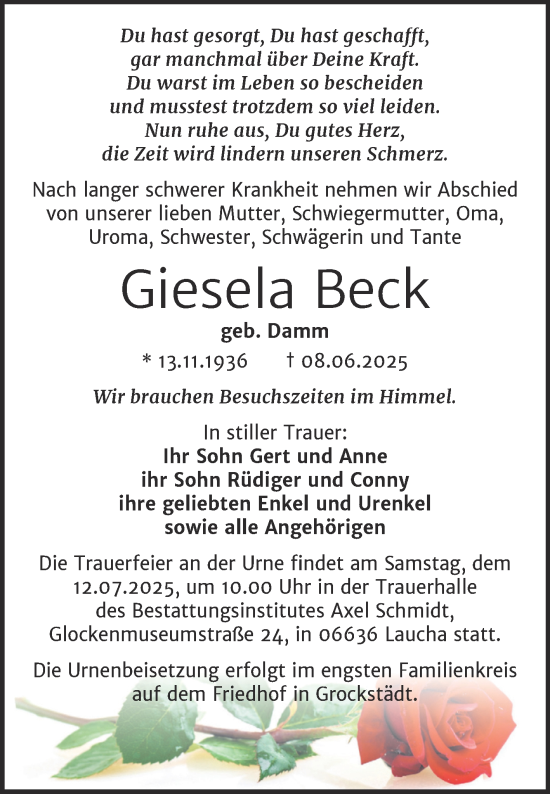 Traueranzeige von Giesela Beck von Trauerkombi Merseburg