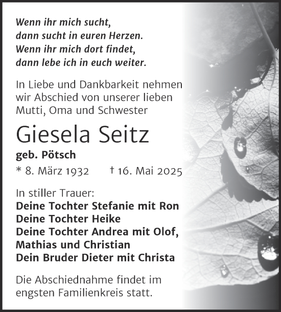Traueranzeige von Giesela Seitz von Trauerkombi Dessau