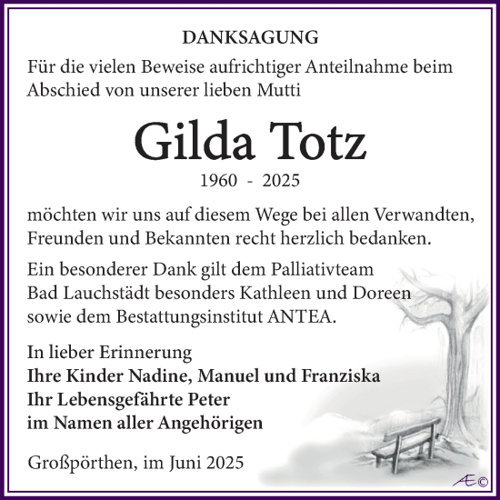 Traueranzeige von Gilda Totz von Trauerkombi Zeitz