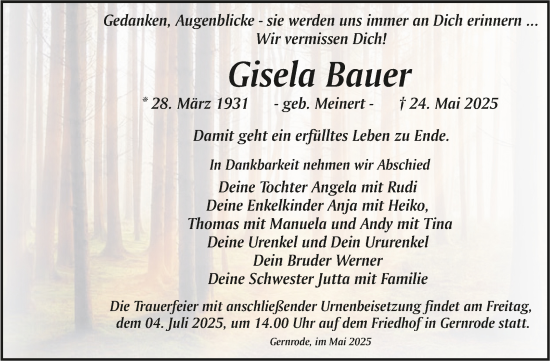 Traueranzeige von Gisela Bauer von Trauerkombi Quedlinburg