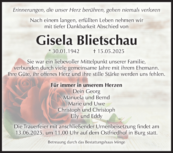Traueranzeige von Gisela Blietschau 