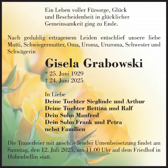 Traueranzeige von Gisela Grabowski von Volksstimme Burg/Genthin